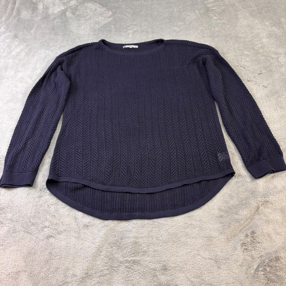Retro-ology Navy Blue Pointelle Knit Chevron Sweater High-Low Hem Womens Medium